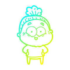 cold gradient line drawing cartoon happy old woman