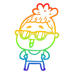 rainbow gradient line drawing cartoon happy woman wearing spectacles