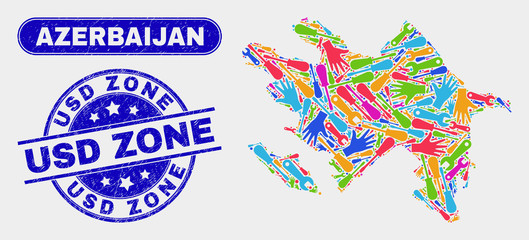 Assemble Azerbaijan map and blue USD Zone grunge seal. Colored vector Azerbaijan map mosaic of workshop. Blue rounded USD Zone seal.