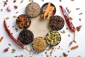 Various spices in a bowls on white background. Top view with copy space.