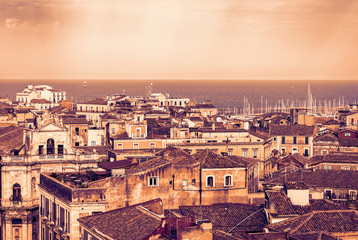 Fototapeta na wymiar Catania sunset, aerial cityscape, traditional architecture of Sicily, Southern Italy.