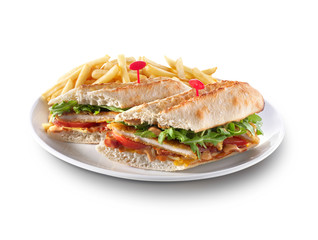 Baguette, sandwich, pollo con verduras. Baguette, sandwich, chicken with vegetables.