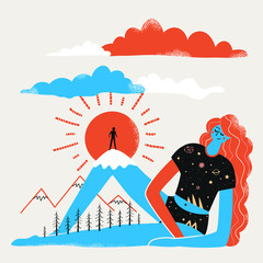 Fototapeta na wymiar Vector illustration of mother nature, mountains, pine forest, clouds, sun and man silhouette. Woman is like a mountain, or mountain is like a woman.