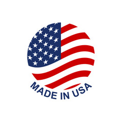 Made in USA circle badge or logo with American flag. Vector illustration.