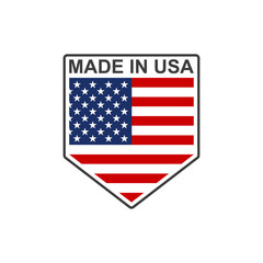 Made in USA badge or logo in the shape of a shield with American flag. Vector illustration.
