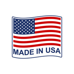 Made in USA badge or logo with waving American flag. Vector illustration.
