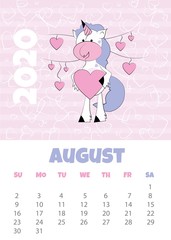 Calendar 2020 with unicorn. August. Funny unicorn with hearts. Vector illustration.