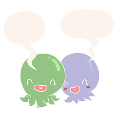 two cartoon octopi  and speech bubble in retro style