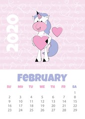 Calendar 2020 with unicorn. February. Funny unicorn with hearts. Vector illustration.