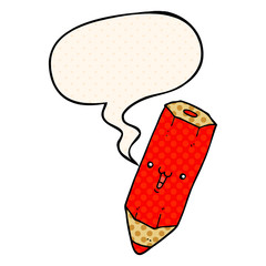happy cartoon pencil and speech bubble in comic book style