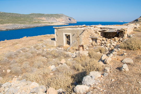 An abandoned ruined house of an old settlement in Antikythera island in Greece