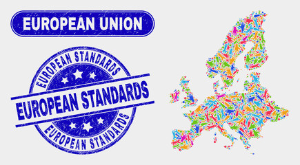 Engineering European Union map and blue European Standards distress seal. Colored vector European Union map mosaic of engineering elements. Blue round European Standards stamp.