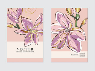 Botanical wedding invitation, business flyer template, greeting card. Magnolia design, pink gold flowers and leaves soft background, vintage style
