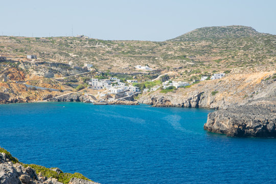 Panorama of the bay of Antikythera with deep blue sea waters where the port of the islan is located in Potamos village, Greece