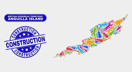 Productivity Anguilla Island map and blue Construction distress seal. Colored vector Anguilla Island map mosaic of mechanic components. Blue rounded Construction seal.