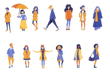 A group of men and women in winter or autumn fashionably dress, walk or stand. Flat concept illustration. Vector people of different gender character.