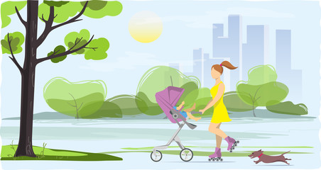 Young woman on roller skates with a baby in a stroller.Vector illustration cartoon clipart.