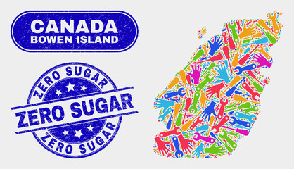 Industrial Bowen Island map and blue Zero Sugar scratched stamp. Colored vector Bowen Island map mosaic of mechanic items. Blue rounded Zero Sugar stamp.