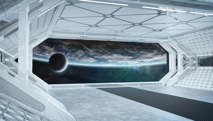 White blue spaceship futuristic interior with window view on planet Earth 3d rendering © sdecoret
