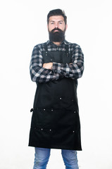 Deep thinker. Self employed worker keeping his arms crossed. Confident man worker or employee. Grill worker wearing barbecue apron. Barbershop or hair salon worker. Barber or cooker in work apron