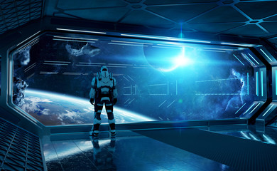 Astronaut in futuristic spaceship watching space through a large window 3d rendering elements of this image furnished by NASA