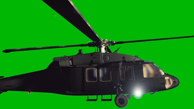 Military helicopter Blackhawk flies on a green screen background. Cinematic 3D animation.