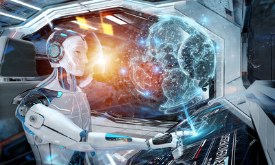 Robot in a control room flying a white modern spaceship with window view on space and digital Earth hologram 3D rendering