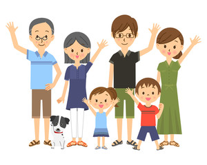 三世代家族　笑顔で手を振っている　全身　01