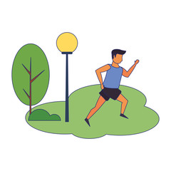 Fitness man running at park scenery blue lines