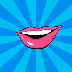 Female smiling mouth. Pink lipstick. Vector illustration in pop art style
