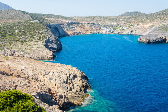 Panorama of the bay of Antikythera with deep blue sea waters where the port of the islan is located in Potamos village, Greece