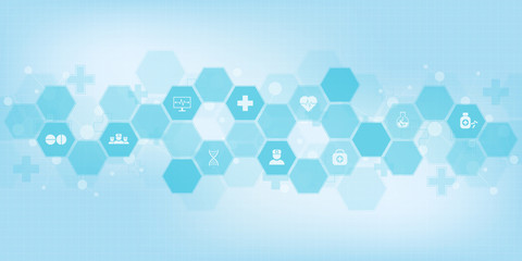Abstract medical background with flat icons and symbols. Template design with concept and idea for healthcare technology, innovation medicine, health, science and research.