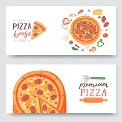 Pizza house with ingredients and different types of pizza slices set of banners vector illustration. Premium pie with sausage, cheese, vegetable, seafood and mashrooms. Eating out.