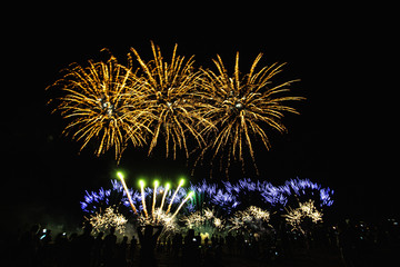 Real Fireworks on Deep Black Background Sky on Futuristic Fireworks festival show before independence day on 4 of July