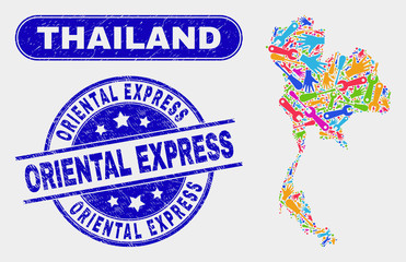 Tools Thailand map and blue Oriental Express grunge seal stamp. Colorful vector Thailand map mosaic of tools units. Blue rounded Oriental Express stamp.