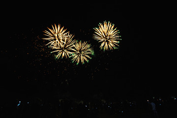 Fototapeta premium Real Fireworks on Deep Black Background Sky on Futuristic Fireworks festival show before independence day on 4 of July