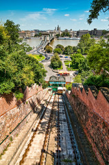 Fototapeta na wymiar Budapest, Hungary - June 30, 2010. Panoramic view of Budapest city by Danube river from Funicular