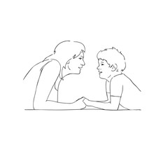 vector illustration of a woman talking to a boy, mom holding her son's hand, linear design