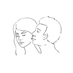 vector illustration of a guy kissing a girl in the ear,linear design
