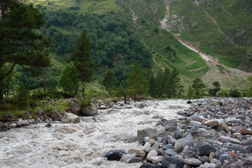 Naklejka na ściany i meble Stormy mountain river Baksan in Kabardino-Balkaria, Russia