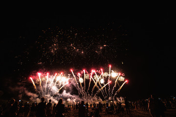 Real Fireworks on Deep Black Background Sky on Futuristic Fireworks festival show before...