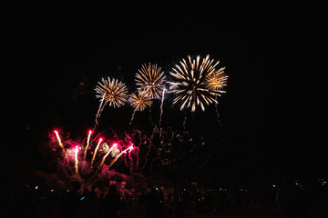 Real Fireworks on Deep Black Background Sky on Futuristic Fireworks festival show before...