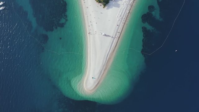 Aerial top view of Zlatni Rat in Bol on Brac Island in Croatia.