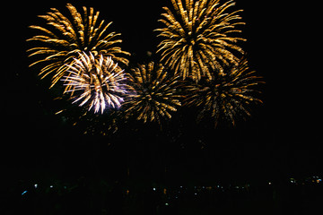 Fototapeta na wymiar Real Fireworks on Deep Black Background Sky on Futuristic Fireworks festival show before independence day on 4 of July