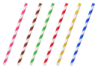 Colorful helical or striped paper straws isolated on white background including clipping path.