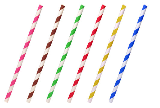 Colorful helical or striped paper straws isolated on white background including clipping path.