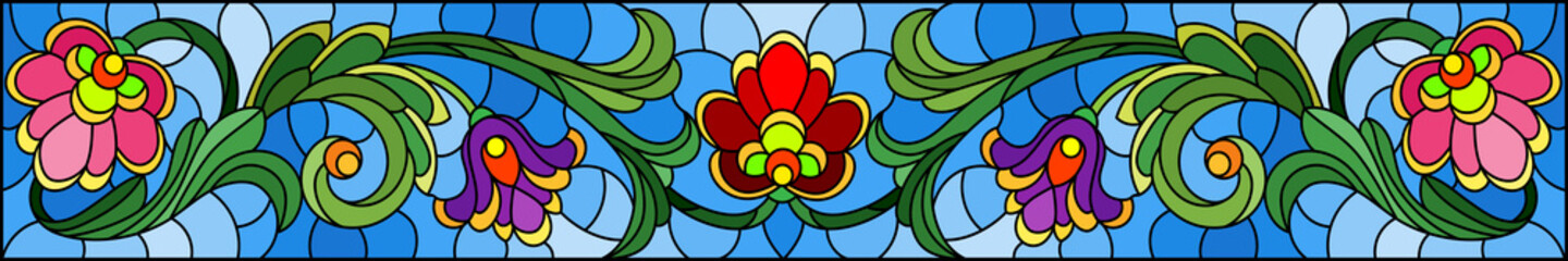 Illustration in stained glass style with abstract  swirls,flowers and leaves  on a blue background,horizontal orientation - obrazy, fototapety, plakaty