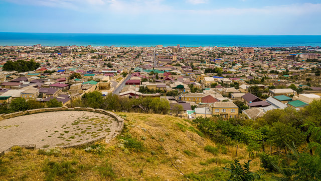 View of the city of Derbent from the Naryn-Kala fortress. On the left you can see the observation deck, located just below the fortress