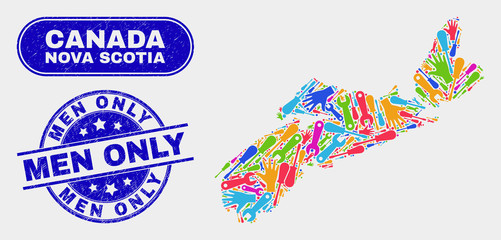 Productivity Nova Scotia Province map and blue Men Only scratched seal. Colored vector Nova Scotia Province map mosaic of productivity units. Blue round Men Only imprint.
