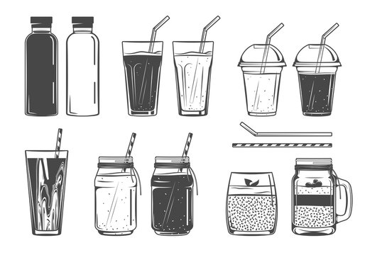 Smoothie, fresh juice, chia pudding icons; vector set